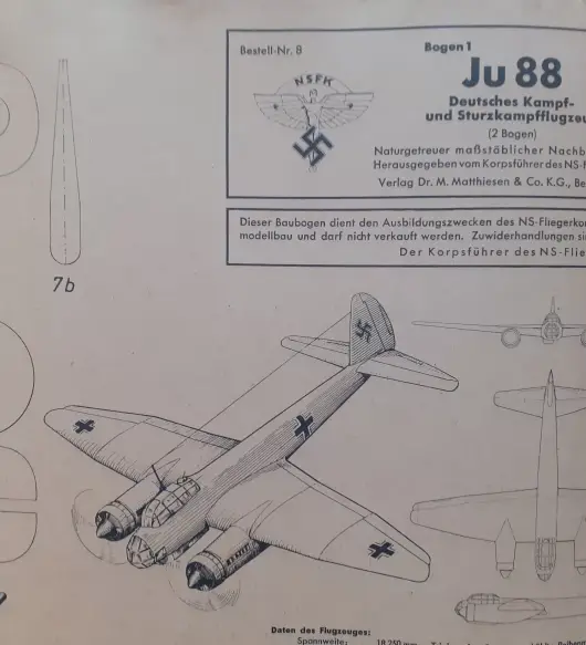 WWII GERMAN PAPER AIRPLANE MODEL KIT, JUNKERS JU-88  CIRCA 1941