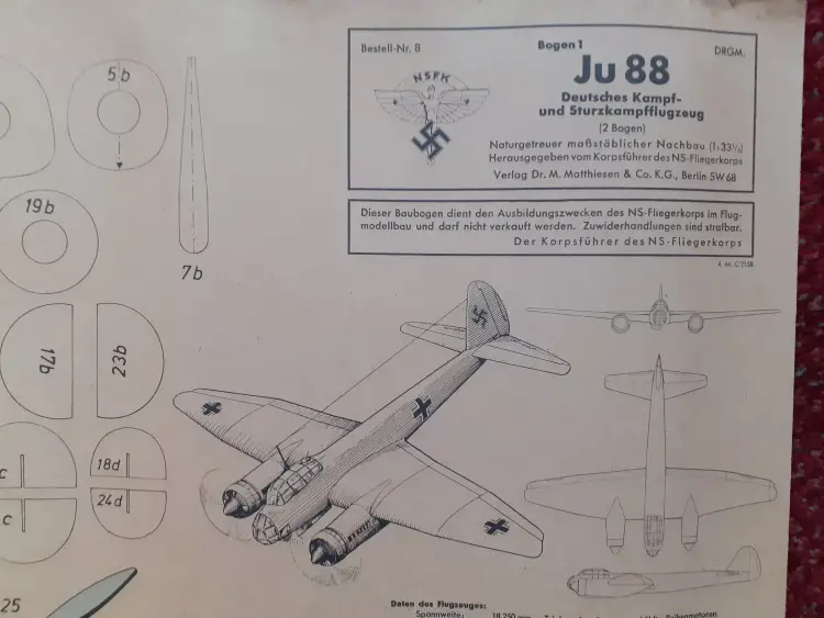 WWII GERMAN PAPER AIRPLANE MODEL KIT, JUNKERS JU-88  CIRCA 1941