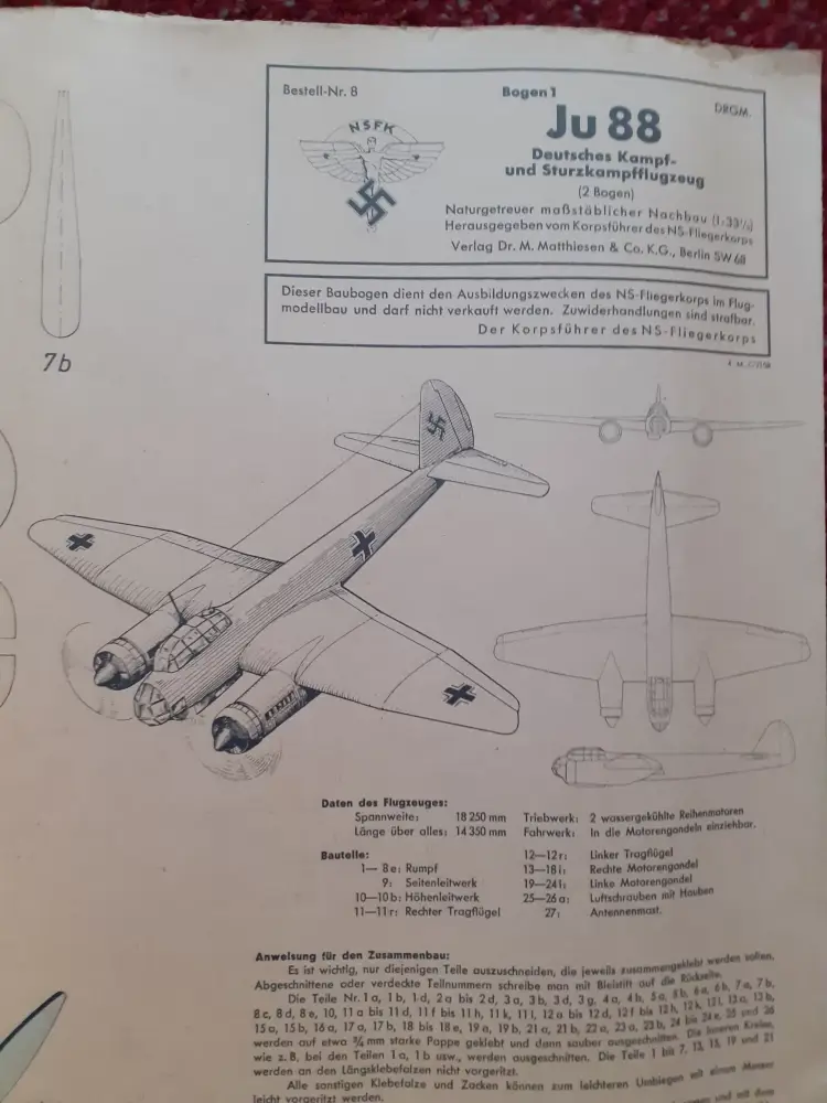 WWII GERMAN PAPER AIRPLANE MODEL KIT, JUNKERS JU-88  CIRCA 1941 - Image 4