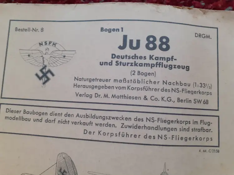 WWII GERMAN PAPER AIRPLANE MODEL KIT, JUNKERS JU-88  CIRCA 1941 - Image 9