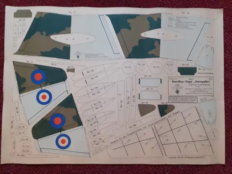 WWII GERMAN PAPER AIRPLANE MODEL KIT, HANDLEY-PAGE "HAMPDEN"  CIRCA 1940 - Image 3