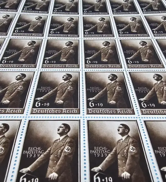 Third Reich Stamps; 1939 Adolf Hitler Portrait with additional inscription "Reichparteitag 1939" sheet of 50 stamps, VF NH