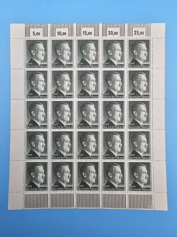 Third Reich Stamps; 1944 Bottle Green, One Reich Mark, Adolf Hitler, sheet of 25 stamps VF NH