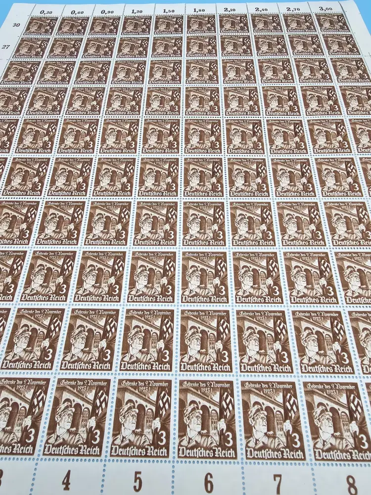 Third Reich Stamps; 1935, 12th anniversary of the first Hitler Putsch on the 9th November 1923, sheet of 100 stamps, VF NH