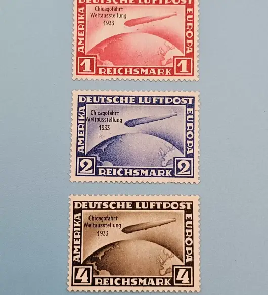 Third Reich Stamps; 1933 Chicago World Exhibition Flight of Graf Zeppelin, set of three, VF NH