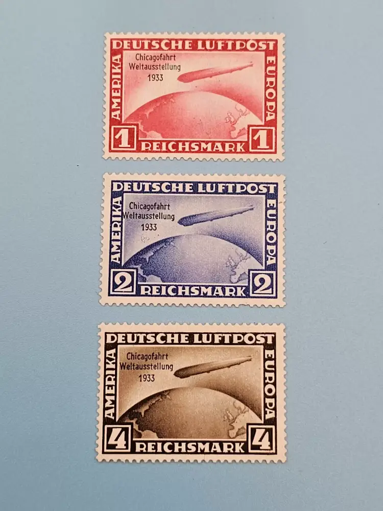Third Reich Stamps; 1933 Chicago World Exhibition Flight of Graf Zeppelin, set of three, VF NH