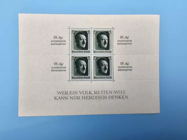 Third Reich Stamps; 1937 Hitler's Culture fund and 48th Birthday, with surcharge, 4 stamp miniature sheet, VF NH - Image 3