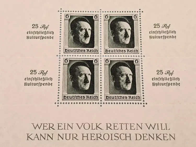 Third Reich Stamps; 1937 Hitler's Culture fund and 48th Birthday, with surcharge, 4 stamp miniature sheet, VF NH - Image 4