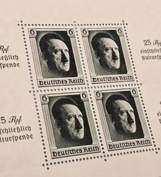 Third Reich Stamps; 1937 Hitler's Culture fund and 48th Birthday, with surcharge, 4 stamp miniature sheet, VF NH